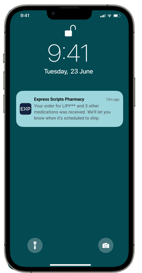 A push notification comes through on a mobile phone from Express Scripts® Pharmacy saying an order for four medications was received and the patient will be notified when the medications are scheduled to ship.