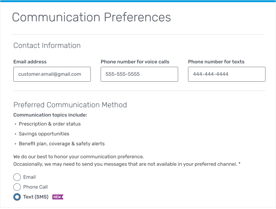 Communication Preferences screen on a member’s online account, with “Text” selected under Preferred Communication Method